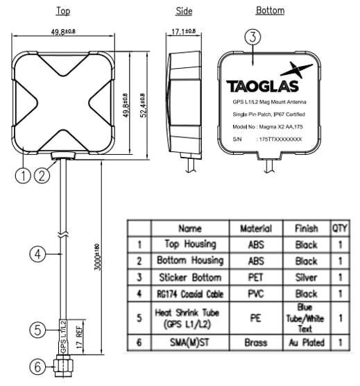 Mechanical Drawing - Taoglas MagmaX2 AA.175.B / AA.178.B GNSS Antennas